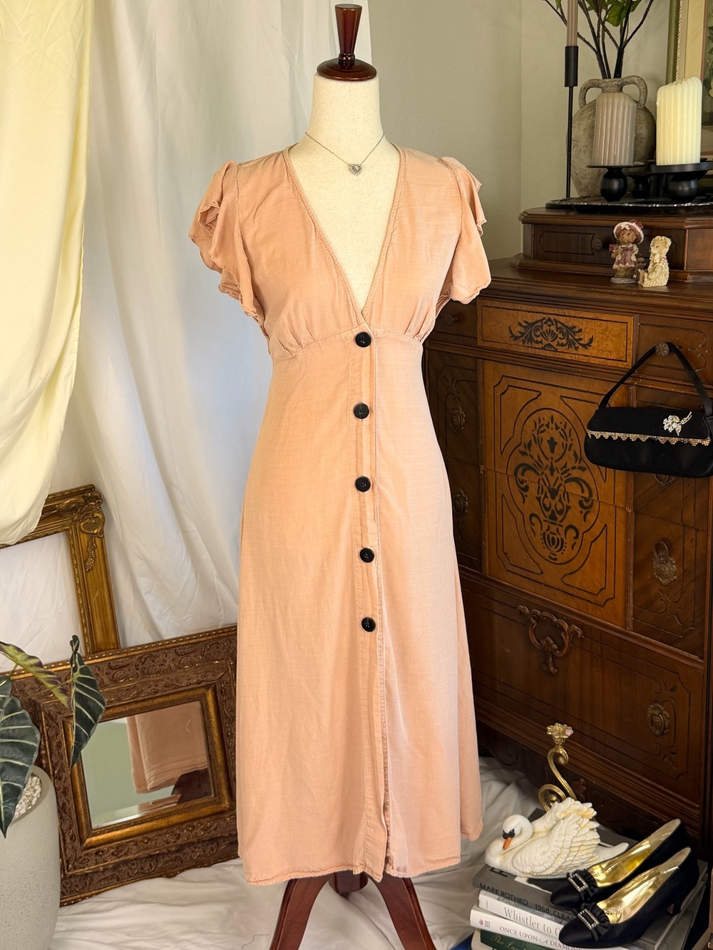 Zara Summer Cottagecore Chic Women's Linen Button-Front Midi Dress